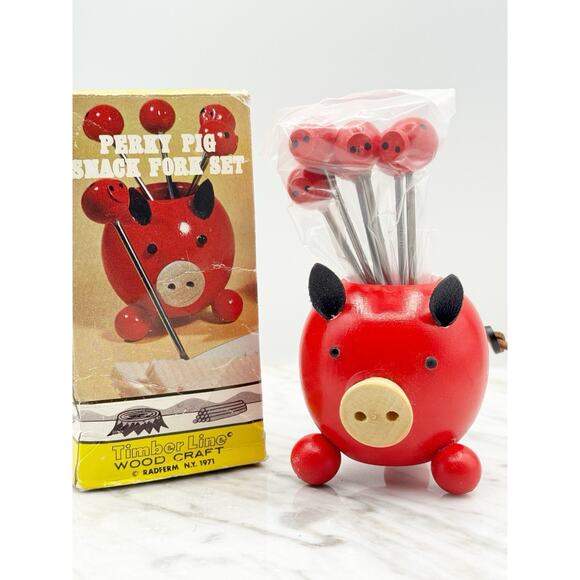 Vtg Perky Pig Snack Fork Set Red Hors D'oeuvre Appetizer 6 Forks Wood Japan New - Picture 2 of 10